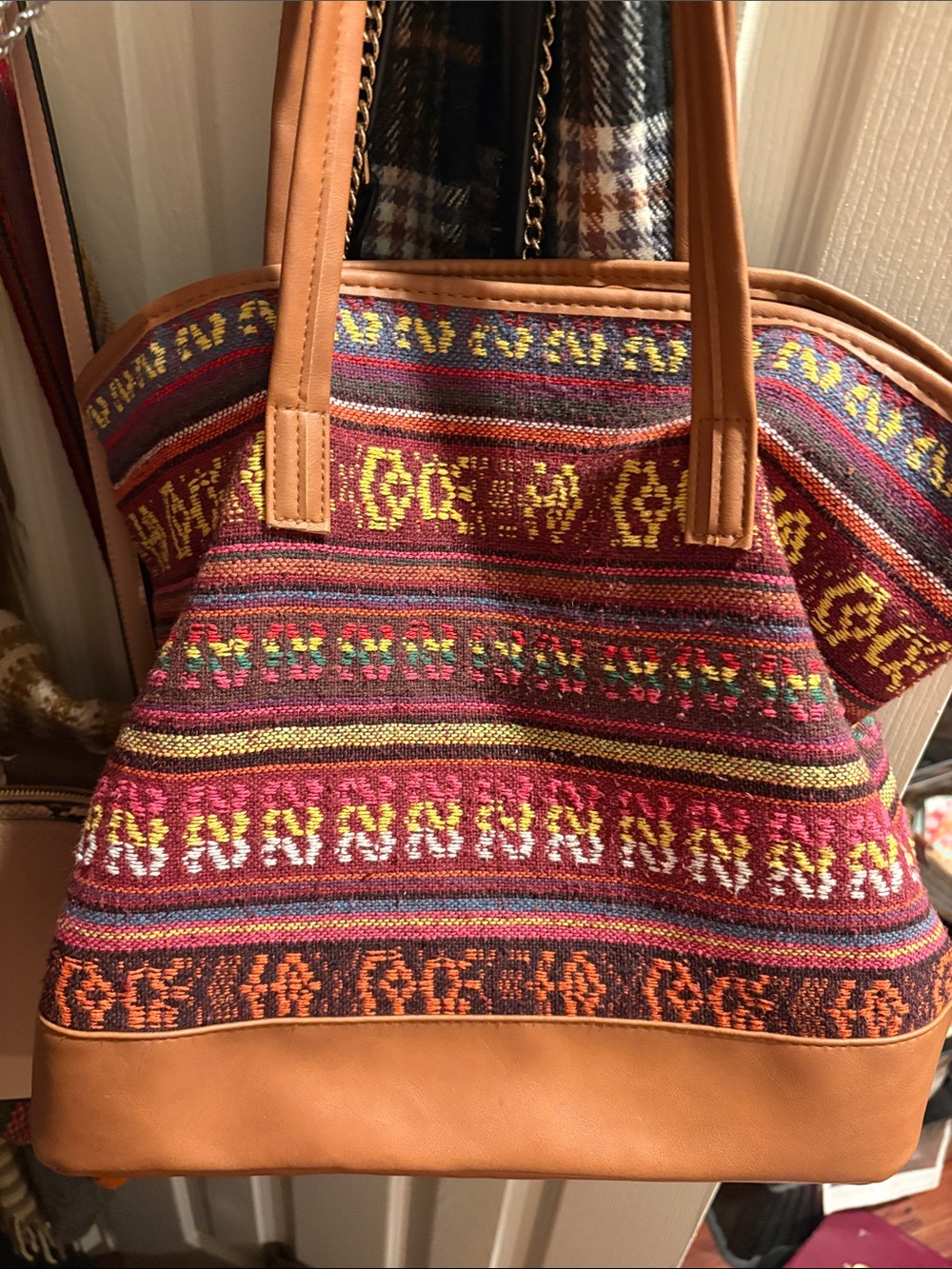 Boho Woven Tote Bag in Multicolor Red with Tan Trim